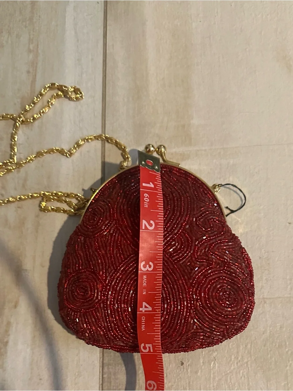 Jessica McClintock Burgundy Beaded Evening Clutch with Gold Chain